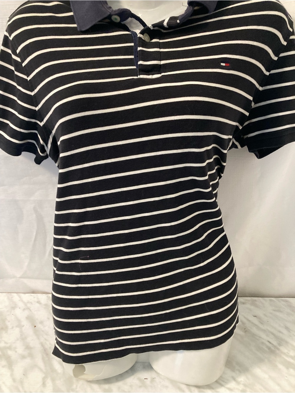 Tommy Hilfiger Navy White Striped Short Sleeve Polo Shirt XS